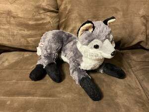 Aurora Gray and White Wolf Lying Down Plush Stuffed Animal